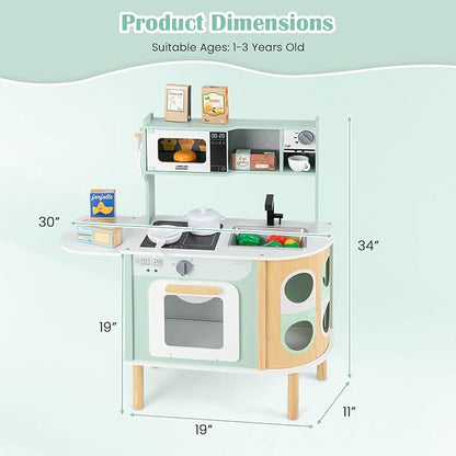 INFANS Kids Kitchen Playset, Toddler Wooden Pretend Cooking Set with Stove Microwave Dustbin Storage Cabinet, Play Kitchen Toy Set with Toy Food Cookware Accessories for Children Boys Girls