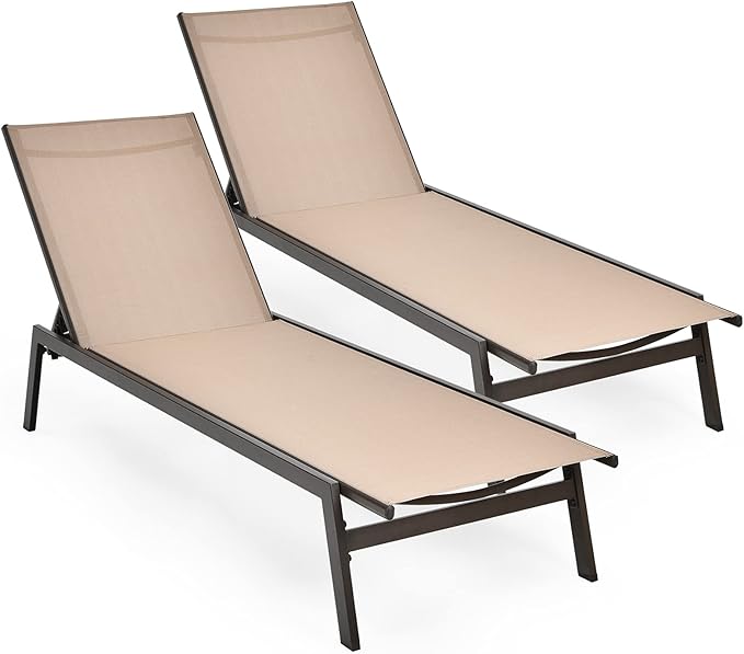 Tangkula Outdoor Chaise Lounge Chair Set of 2, 6-Position Adjustable Reclining Chair with Breathable Fabric and Heavy Duty Steel Frame, Patio Lounge Chair for Garden, Backyard and Poolside (2, Brown)