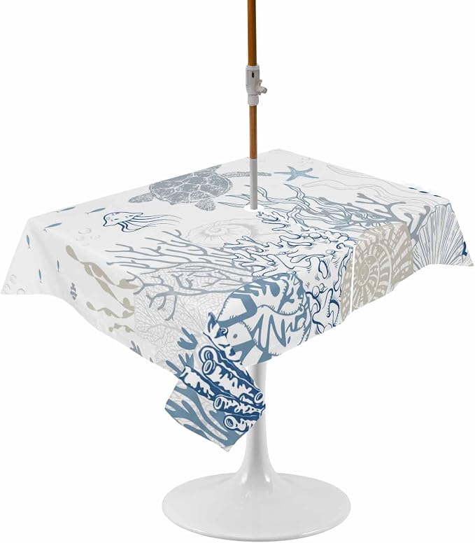 Blue Coastal Outdoor Tablecloth - 54x80 Inch Rectangle Waterproof Dining Table Cover, Nautical Summer Beach Sea Turtle Coral Outdoor Table Cloth with Umbrella Hole & Zipper for Picnic/Patio