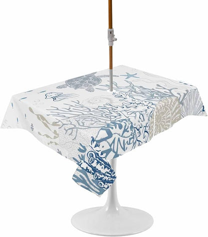 Blue Coastal Outdoor Tablecloth - 52x70 Inch Rectangle Waterproof Dining Table Cover, Nautical Summer Beach Sea Turtle Coral Outdoor Table Cloth with Umbrella Hole & Zipper for Picnic/Patio