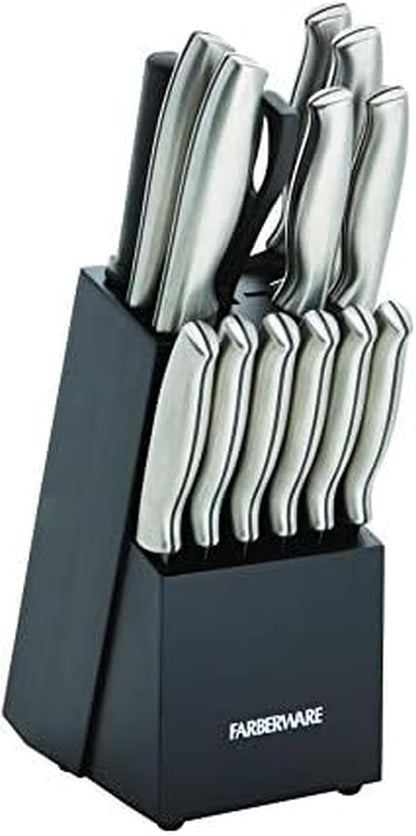 Farberware 15-Piece Knife Block Set, High-Carbon Stainless Steel Kitchen Knife Set with Black Wood Block, Chef Knife, Bread Knife, Santoku, Steak Knives and Sharpening Steel