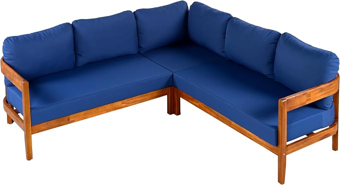 VilroCaz Outdoor Patio Furniture Set, L-Shaped Acacia Wood Sectional Sofa with 6 Soft Seat Cushions and Backpack, All-Weather Conversation Set with Arc Frame for Garden Backyard Porch (Blue-3.19)