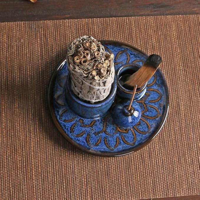 4-in-1 Ceramic Incense Burner Holder for Sticks/Palo Santo/Sage/Candle | 5.12" Ceramic Ash Catcher Tray with Holder, Designed for Meditation, Yoga Room & Home Decor Spaces