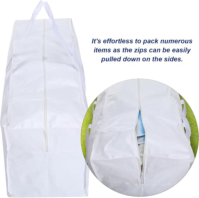 4 Pcs 66 Gallon Extra Large Moving Bags Heavy Duty Storage Bag with Strong Zipper Handle Foldable XXL Jumbo Storage Tote Packing Moving Box for College Dorm Travel Cloth Duffle (White)