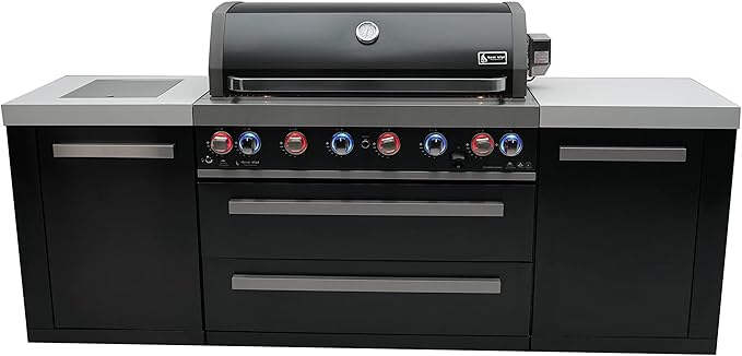Mont Alpi MAi805-BSS Outdoor Kitchen Island Grill - 6 Burner Black Stainless Steel | 44 Inch | Side Burner, Granite Countertops, Rotisserie & Cover