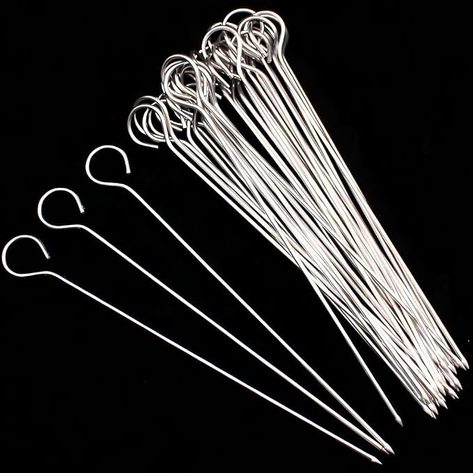 Metal Kabob Skewers for Grilling, 8 Inch Stainless Steel, 30 Pcs | Reusable 440 stainless steel with ring handles for BBQ, grill, oven, meat, chicken, shrimp and vegetables.