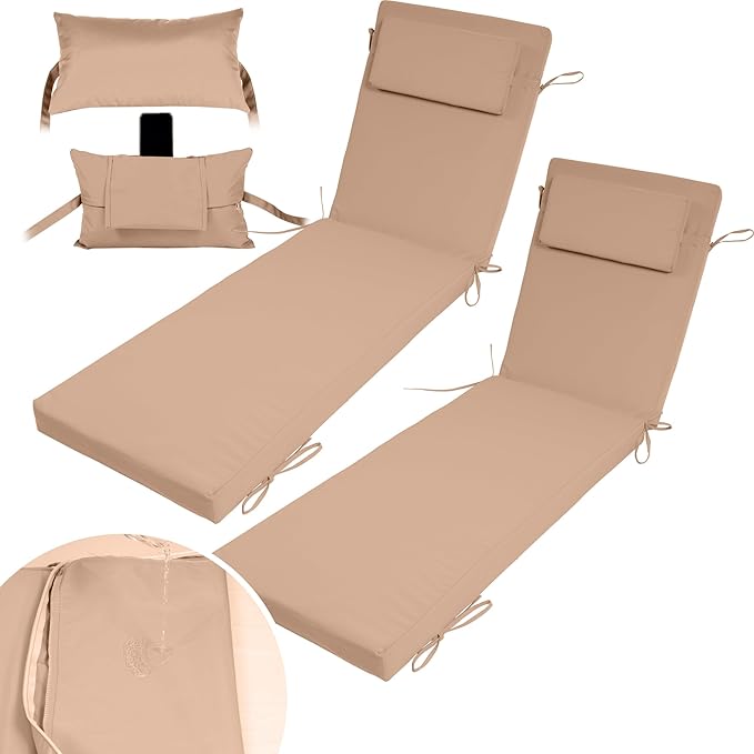 Chaise Lounge Cushions Outdoor Set of 2 Lounge Chair Cushion 72" L x 21" W with Headrest Straps 3'' Thick Waterproof Patio Chaise Cushions Pool Lounger Chair Cushion(Beige)