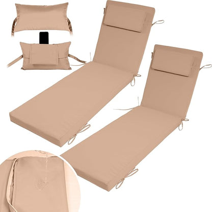 Chaise Lounge Cushions Outdoor Set of 2 Lounge Chair Cushion 72" L x 21" W with Headrest Straps 3'' Thick Waterproof Patio Chaise Cushions Pool Lounger Chair Cushion(Beige)