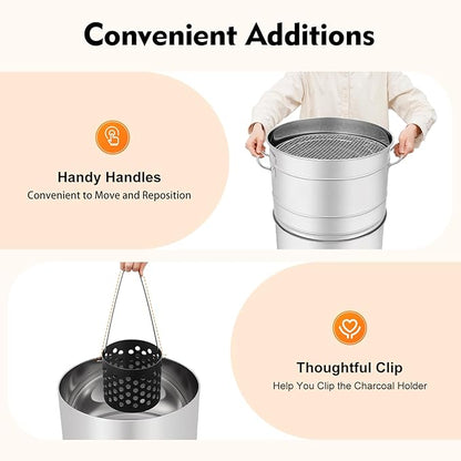 Barrel Charcoal Grills, Large Portable Stainless Charcoal Barbecue Grills 360°Outdoor Smokeless BBQ Grill with 50 Skewers for Camping Picnics Backyard Cooking