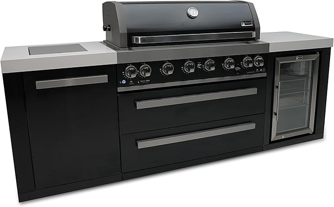 Mont Alpi 94"W x 23"D x 46"H Black Stainless Steel Modular Outdoor Kitchen Island with Refrigerator + 44"W 6-Burner BBQ Gas Grill + Side Burner + White Granite Countertops + Storage Cabinets & Drawers