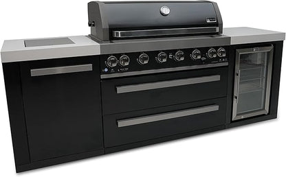 Mont Alpi 94"W x 23"D x 46"H Black Stainless Steel Modular Outdoor Kitchen Island with Refrigerator + 44"W 6-Burner BBQ Gas Grill + Side Burner + White Granite Countertops + Storage Cabinets & Drawers