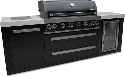 Mont Alpi 94"W x 23"D x 46"H Black Stainless Steel Modular Outdoor Kitchen Island with Refrigerator + 44"W 6-Burner BBQ Gas Grill + Side Burner + White Granite Countertops + Storage Cabinets & Drawers