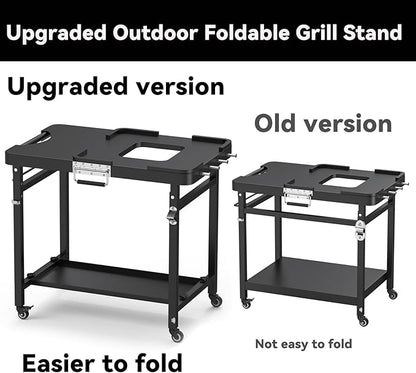 SafBbcue Grill Table for Ninja, Grill Stand for Ninja Woodfire OG700 OG800 OG900 Series & OO101, Portable Outdoor Grill Stand, Foldable Cart Table with Wheels for Ninja, Double-shelf, Hooks