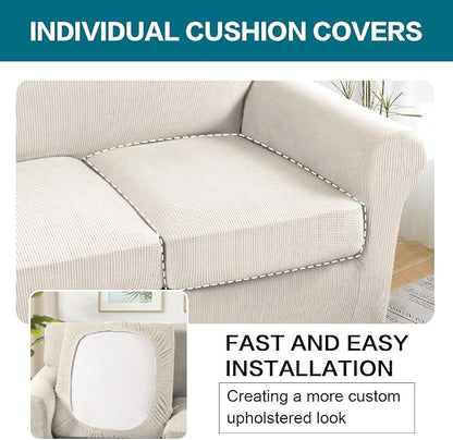 Turquoize 4 Piece Sofa Covers for 3 Cushion Couch Sofa Slipcover Soft Couch Cover for Dogs-Washable Sofa Furniture Covers with 3 Individual Large Cushion Covers, Feature Thick Fabric (XL Sofa, Ivory)