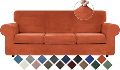 WEERRW 4 Pieces Couch Cover for Sofa Velvet Sofa Covers Washable, Pumpkin | Sofa Covers for 3 Cushion Couch Furniture Protector Sofa Slipcovers with Non Slip Elastic Bottom, Pet Friendly, Large