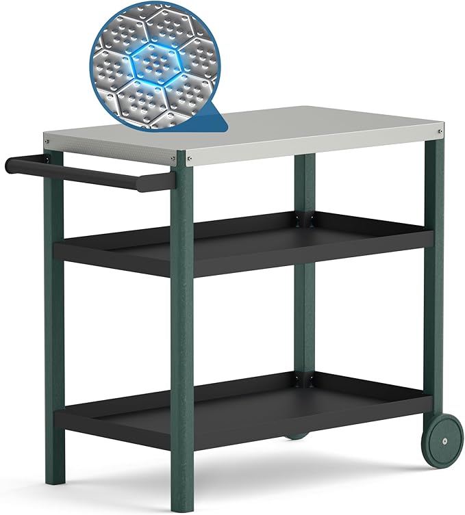 TORVA Outdoor Prep Grill Cart, Honeycomb Style Wear-Resistant Tabletop with High Load-Bearing Portable BBQ Cart, HDPE Durable Frame 3-Tier Storage Cart, Black Green