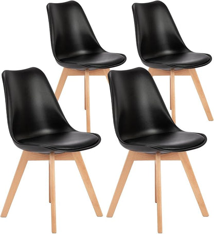 OLIXIS Set of 4 Dining Kitchen Mid-Century Modern Chairs with Wood Legs and PU Leather Cushion, Upholstered Seating for Living Room Bedroom Outdoor Lounge, Black