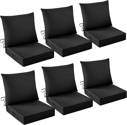 Outdoor Chair Cushions, 24 x 24 Inch Outdoor Cushion for Patio Furniture, Patio Chair Cushion, Waterproof & Fade Resistant Deep Patio Furniture Cushions Set with Handle and Ties, Black (Set of 6)