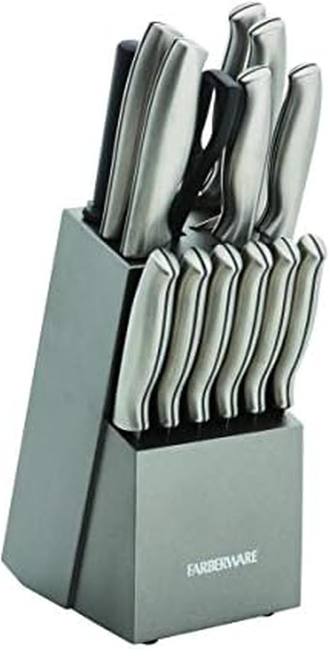 Farberware 15-Piece Knife Block Set, High Carbon Stainless Steel Kitchen Knife Set with Graphite Block, Chef Knife, Bread Knife, Santoku, Steak Knives, and Sharpening Steel