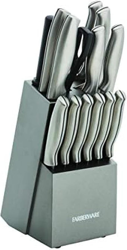 Farberware 15-Piece Knife Block Set, High Carbon Stainless Steel Kitchen Knife Set with Graphite Block, Chef Knife, Bread Knife, Santoku, Steak Knives, and Sharpening Steel
