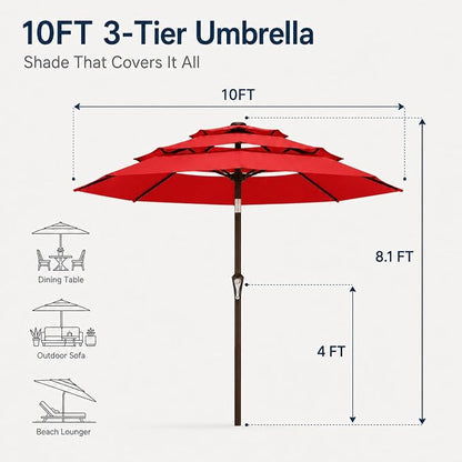 10ft Patio Umbrella, 3-Tier Vented Outdoor Table Umbrella with 8 Sturdy Fiberglass Ribs, Windproof Market Umbrella with Push Button Tilt and Crank, UV Protection for Deck, Pool, Red