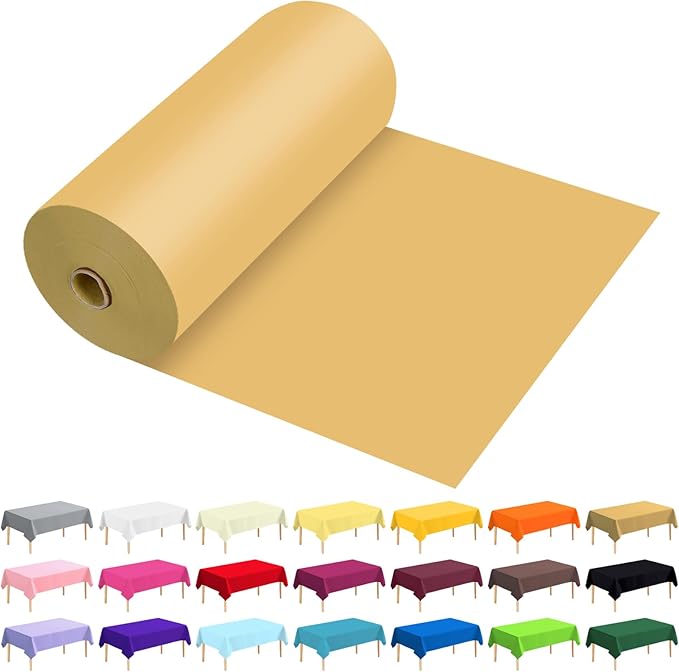 54 Inch X 300 Feet Plastic Table Cover Roll Premium Disposable Plastic Tablecloth for All Type/Shape Tables | Picnic, Party, Banquet, Birthdays, Weddings (Gold, 54 Inch X 300 Feet)