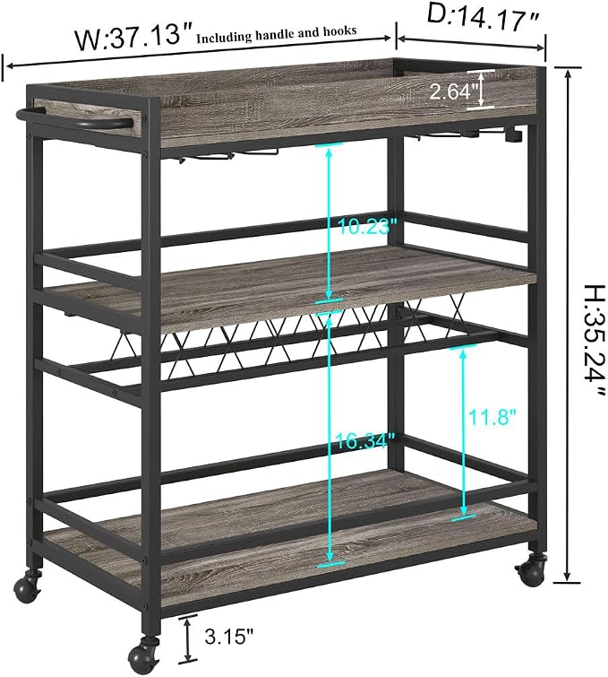 Bar Cart, Home Bar Serving Cart on Wheels, Mobile 3 Tier Liquor Beverage Carts with Wine Rack and Glass Holder (Grey Oak)