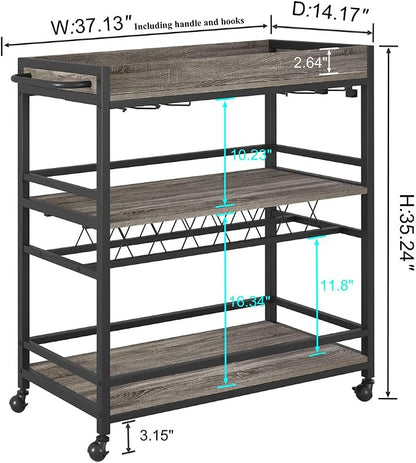 Bar Cart, Home Bar Serving Cart on Wheels, Mobile 3 Tier Liquor Beverage Carts with Wine Rack and Glass Holder (Grey Oak)