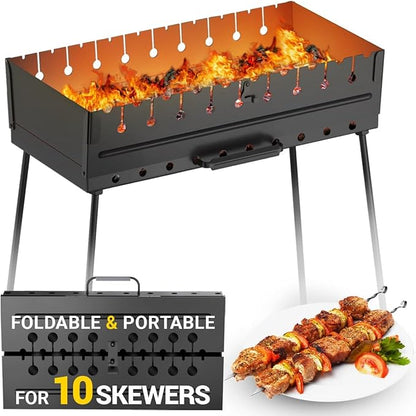 Charcoal Grill for 12 Skewers Charcoal Grill for 10 Skewers Portable Barbecue Camp Grills Foldable Metal Mangal BBQ for EDC Picnic Outdoor Cooking Camping Hiking