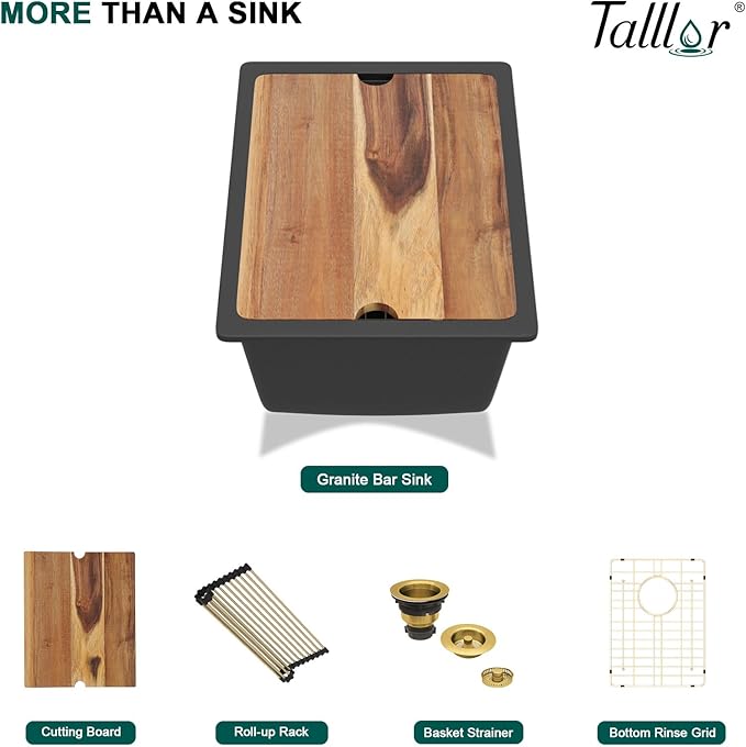 15 Inch Undermount Bar Sink - Matte Black Granite Composite Workstation Single Bowl Small Prep Wet Sink with All-In One Gold Accessories & Cutting Board for RV, Kitchen Bar, and Boat #TLGU-147