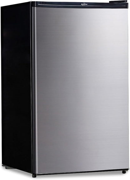 Koolatron Stainless Steel Compact Fridge with Freezer, 4.4 cu ft (124L), Silver and Black, Flat Back, Reversible Door, for Snacks, Frozen Meals, Beverages, Beer, Den, Dorm, Office, Rec Room, Home Bar