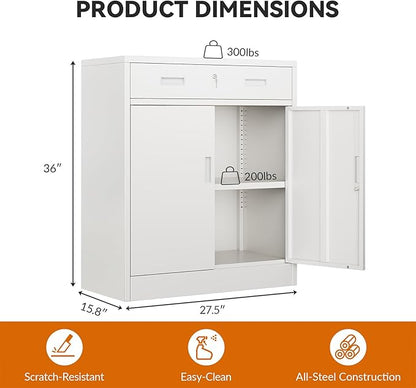 BESFUR Metal Storage Cabinet, Garage Storage Cabinet with One Drawer and Adjustable Shelf, Locking Short Storage Cabinet for Office Garage Home, White Metal Cabinets(36" H x 27.5" W x 16" D)