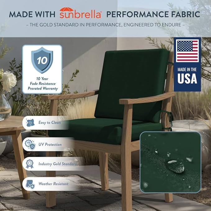 California Umbrella Outdoor Dining Chair, Set of 4 Patio Seat Cushions, 20 x 40 Inch, Premium Outdoor Memory Foam, Fade Resistant, Sunbrella Fabric, Fabric Ties, Forest Green