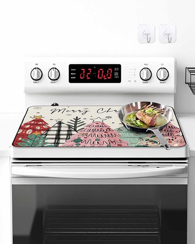 Stove Top Covers for Electric Stove 31x24 Inches, Pink Christmas Tree HeatResistant Glass Cooktop Protector, Vintage Beige Xmas Snowflake Doodle Ceramic Stovetop Countertop Covers Mat, Oven Cover