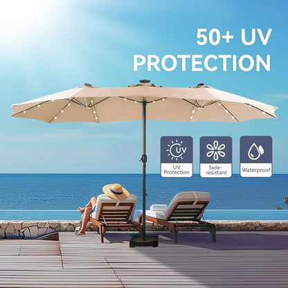 GREEN PARTY 15 ft Large Outdoor Patio Umbrella with Solar Led Lights & Base Included, Double-Sided Rectangular Table Umbrella with Stand, Market Umbrellas for Deck Poolside Garden Backyard, Beige