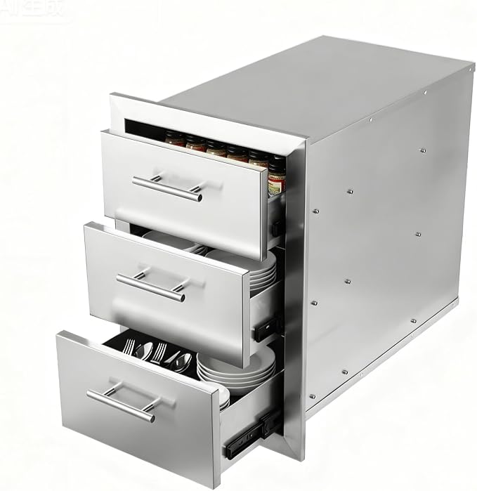 Outdoor Kitchen Drawers with Triple-Access & Handles ，18" W x 23" H x 23" D Stainless Steel Flush Mount Modular Cabinet for BBQ Islands & Patios