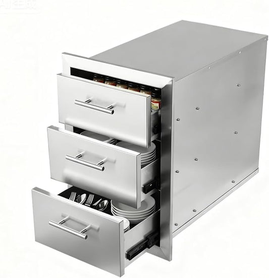 Outdoor Kitchen Drawers with Triple-Access & Handles ，18" W x 23" H x 23" D Stainless Steel Flush Mount Modular Cabinet for BBQ Islands & Patios