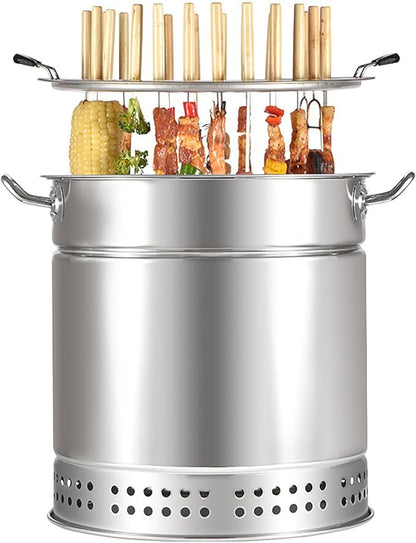 Charcoal BBQ Hanging Stove,Stainless Steel BBQ Grill Mesh Barrel with Kabob Skewers, Rolling Grilling Basket, Camping Barbecue Rack for Vegetables and Meat Carbon barbecue,20 strings