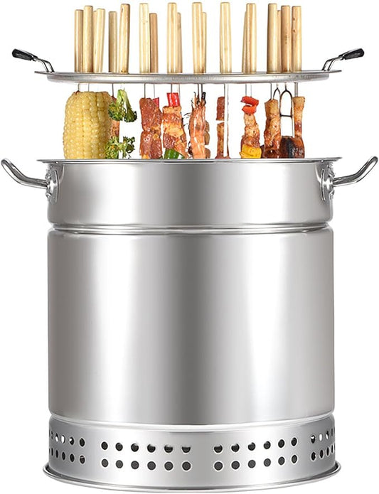 Charcoal BBQ Hanging Stove,Stainless Steel BBQ Grill Mesh Barrel with Kabob Skewers, Rolling Grilling Basket, Camping Barbecue Rack for Vegetables and Meat Carbon barbecue,20 strings