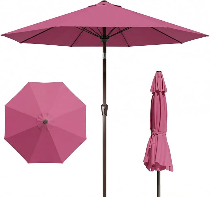 9FT Patio Umbrella Outdoor Table Umbrella w/Push Button Tilt and Crank, 8 Sturdy Ribs, UV Resistant Waterproof Market Umbrella for Pool, Deck, Backyard, Garden, Rose Pink
