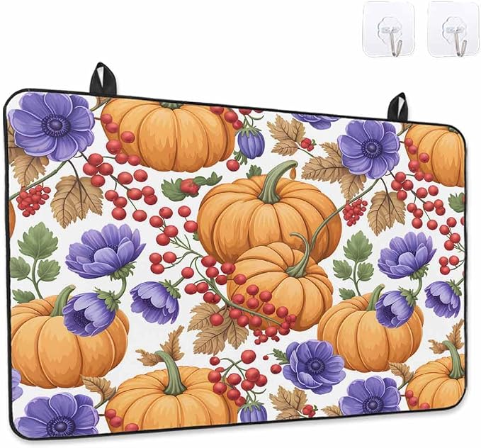 Orange Pumpkin Fall Stove Top Cover for Electric Stove, Thanksgiving Purple Floral Farmhouse Heat-proof & Non Slip Glass Top Stove Cover Protector, Kitchen Flat Cooktop Rubber Mat 28.5x20.5 Inches