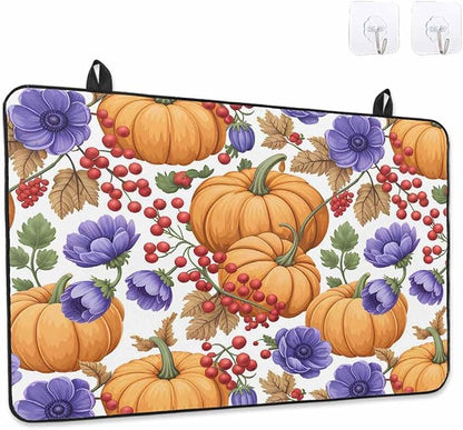 Orange Pumpkin Fall Stove Top Cover for Electric Stove, Thanksgiving Purple Floral Farmhouse Heat-proof & Non Slip Glass Top Stove Cover Protector, Kitchen Flat Cooktop Rubber Mat 28.5x20.5 Inches