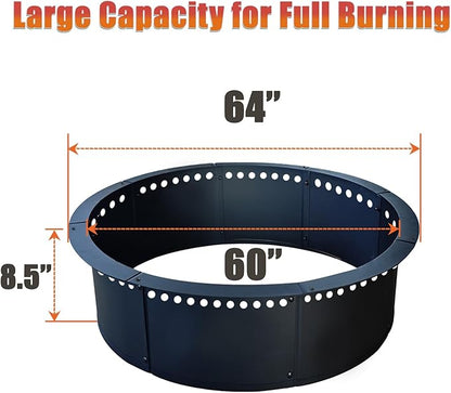 SoulMate Outdoor 64-Inch Outer/60-Inch Inner Fire Pit Ring Smokeless,Duty Solid Metal Steel Round Firepit Rim Insert for DIY Fire Pits, Outdoor Above or In-Ground, Camping Garden Patio Backyard.
