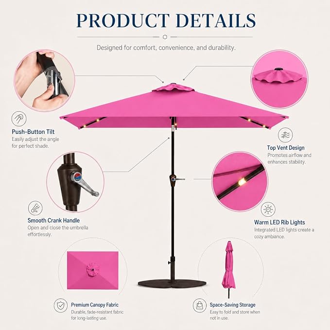 6.5 x 10ft Rectangular Patio Umbrella with Solar Lights, 16 LED Lighted Market Umbrella with Push-Button Tilt and Crank, 6 Sturdy Iron Ribs for Garden, Deck, Pool, Rose Pink