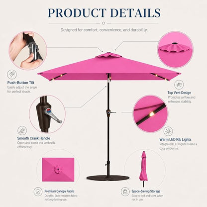 6.5 x 10ft Rectangular Patio Umbrella with Solar Lights, 16 LED Lighted Market Umbrella with Push-Button Tilt and Crank, 6 Sturdy Iron Ribs for Garden, Deck, Pool, Rose Pink
