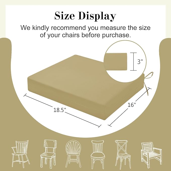 Cozyide Outdoor Chair Cushions, Waterproof Patio Seat Cushions with Adjustable Straps, Square Corner Patio Chair Cushions for Garden, Khaki, 18.5x16x3 Inch (Pack of 4)