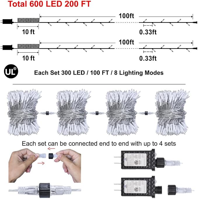 Christmas Tree String Lights 2 Pack Total 200FT 600 LED Cool White