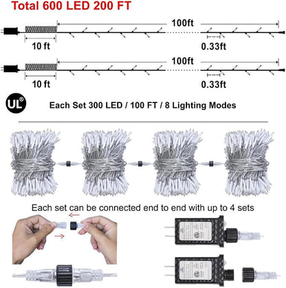 Christmas Tree String Lights 2 Pack Total 200FT 600 LED Cool White