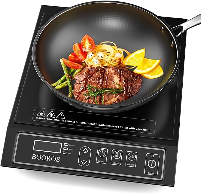 BOOROS Portable Induction Cooktop, 9.6" Heating Coil with 8" Core, 1800W | Induction Burner Countertop ,10 Temp Levels 175-520°F, 24H Timer & Preset, Overheat Protection for Commercial & Home Use