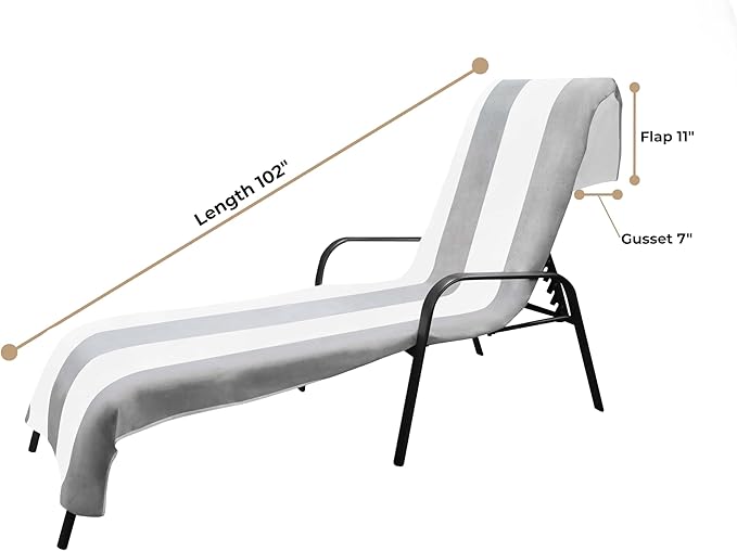 Superior Cabana Cotton Lounge Chair Cover, Outdoor Towel, Terry Cloth, Beach, Spa, Swim Accessories, Pool Chair Cover, Soft, Quick Drying, 32" x 102", Set of 2, Light Grey